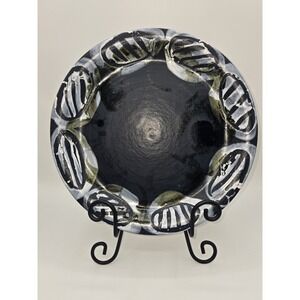 Vintage Abstract Ceramic Glazed Dark Blue & White Handmade Plate 10-3/8"‎ Signed